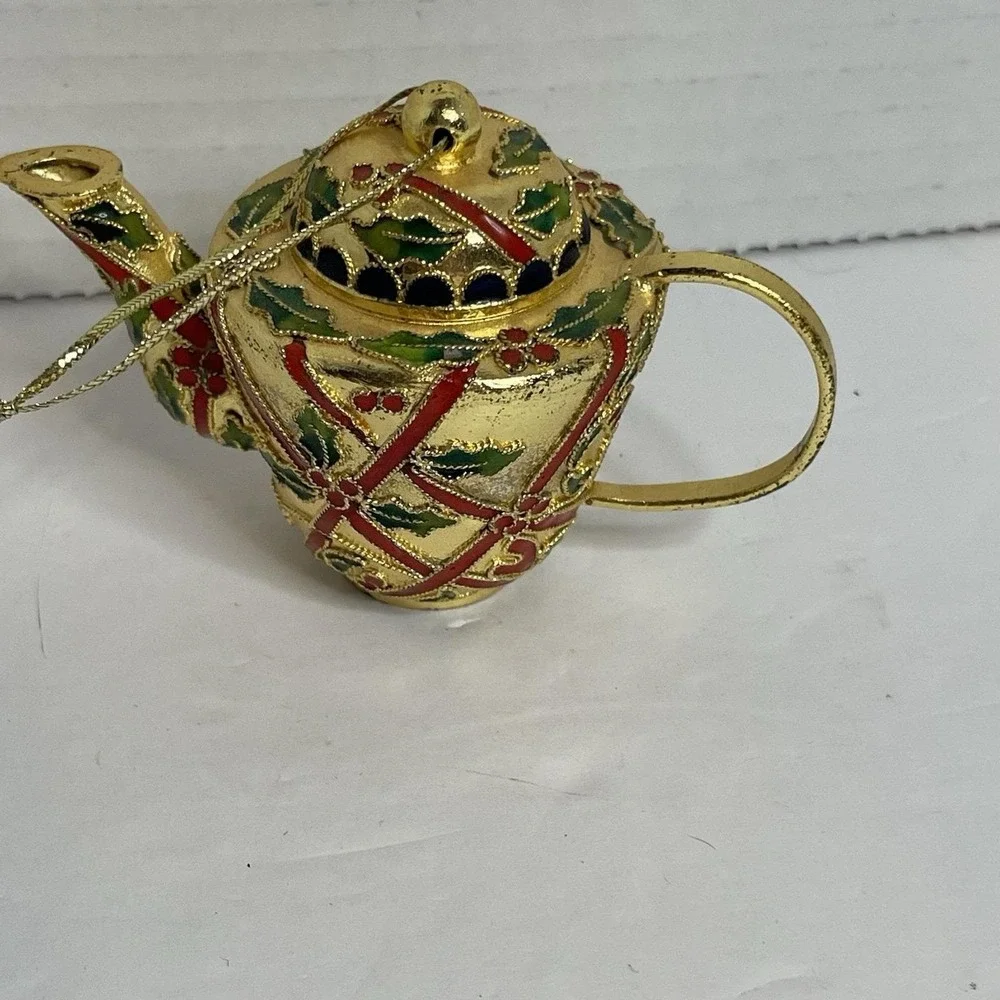 Floral Cloisonne Teapot Christmas Ornament Enamel Green Red Gold Vintage